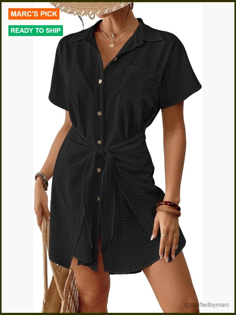 Short Sleeve Button Down Tie Beach Shirt Cover Up Dress
